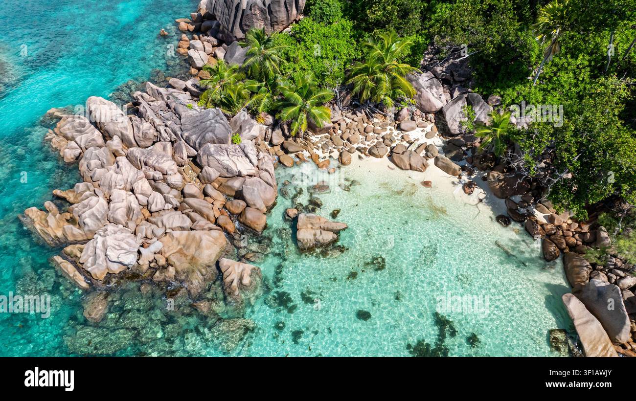 Acque cristalline si riversano su grandi rocce di granito, incorniciate da palme verdi lussureggianti e da una spiaggia isolata. Curieuse, Seychelles. Foto Stock