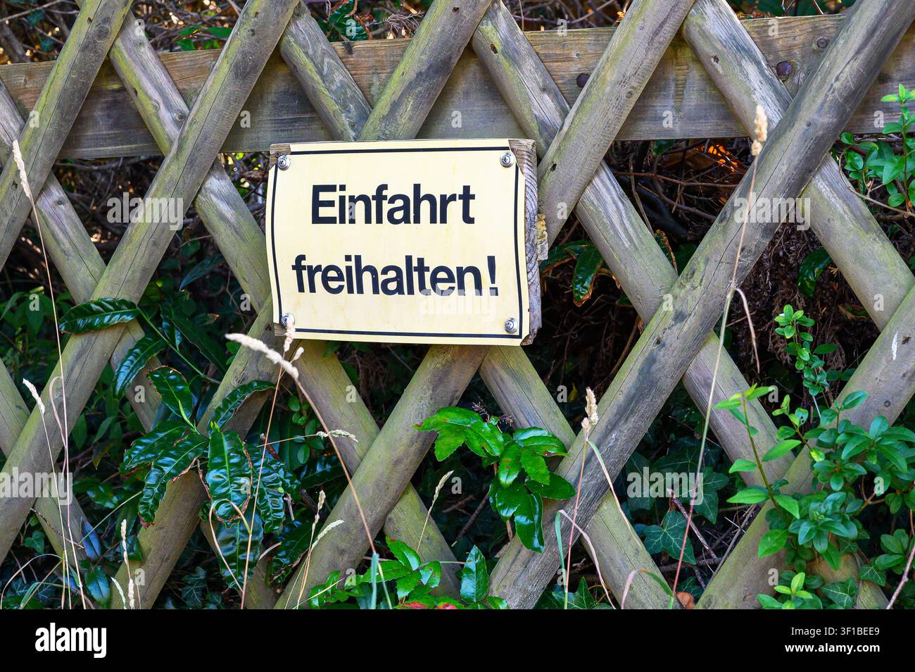 Recinzione in legno logora con cartello giallo che mostra il testo tedesco 'Einfahrt freihalten!' come avvertimento. Foto Stock
