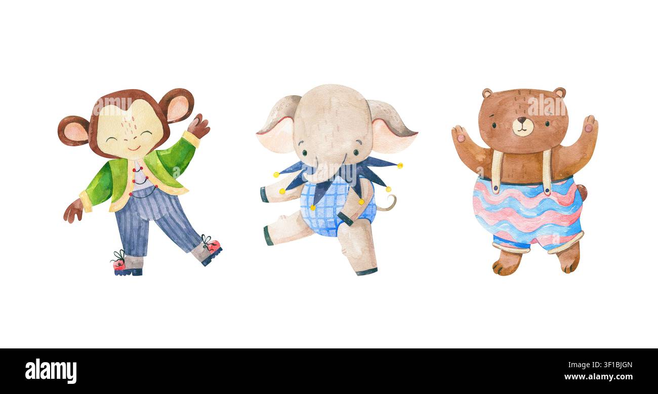 Illustrazione acquerellata dipinta a mano e stravagante con una scimmia carina, un elefante e un orso vestiti con costumi da performance. Ideale per compleanni di bambini c Foto Stock