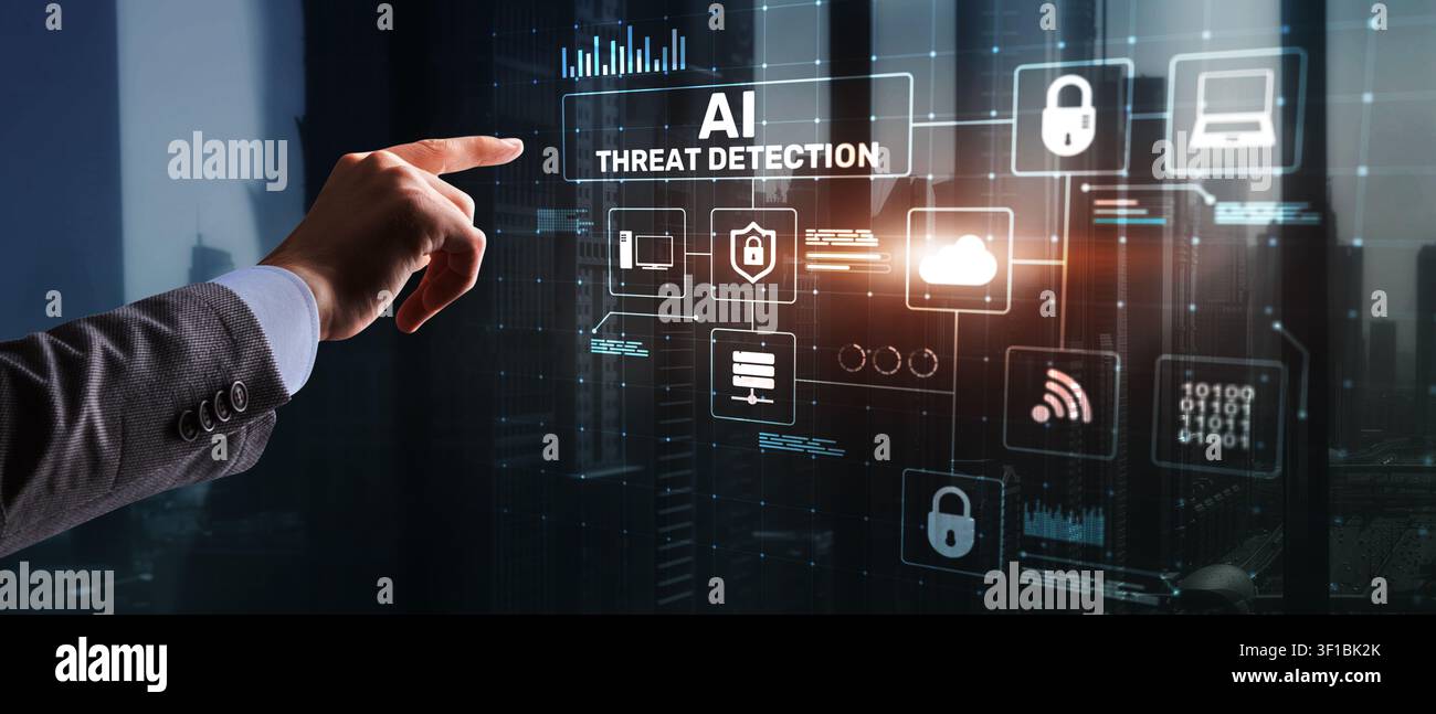 Sistema di rilevamento delle minacce basato sull'IA per la cybersecurity che protegge le reti con blocchi cloud e interazione umana Foto Stock