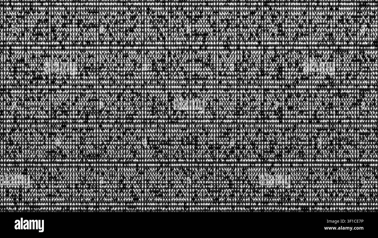 Il design mostra un motivo glitch in bianco e nero che crea una superficie testurizzata. La disposizione di caratteri casuali forma una visuale astratta e Foto Stock