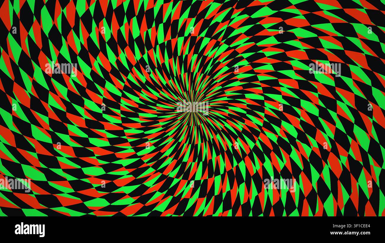 Questo design mostra un motivo a spirale composto da forme rosse e verdi intrecciate su uno sfondo nero. I colori vivaci creano un effetto visivo sorprendente Foto Stock