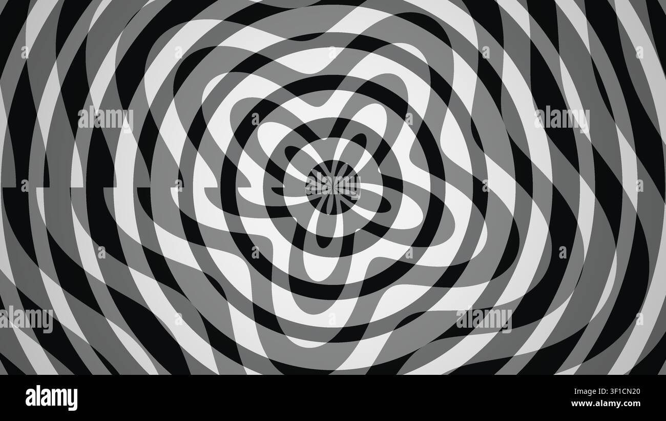 Il design presenta uno schema a spirale in bianco e nero. I colori contrastanti creano profondità e interesse visivo. Può essere utilizzato per vari progetti di design Foto Stock