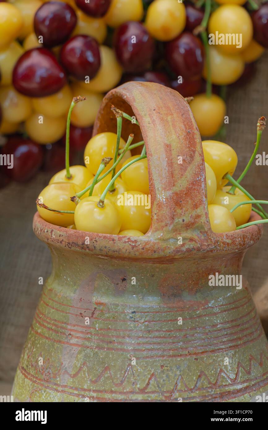 Ciliegie gialle dolci disposte in una giara di terracotta rustica con ciliegie miste sullo sfondo, creando una natura morta di frutta estiva tradizionale con atmosfera rurale Foto Stock