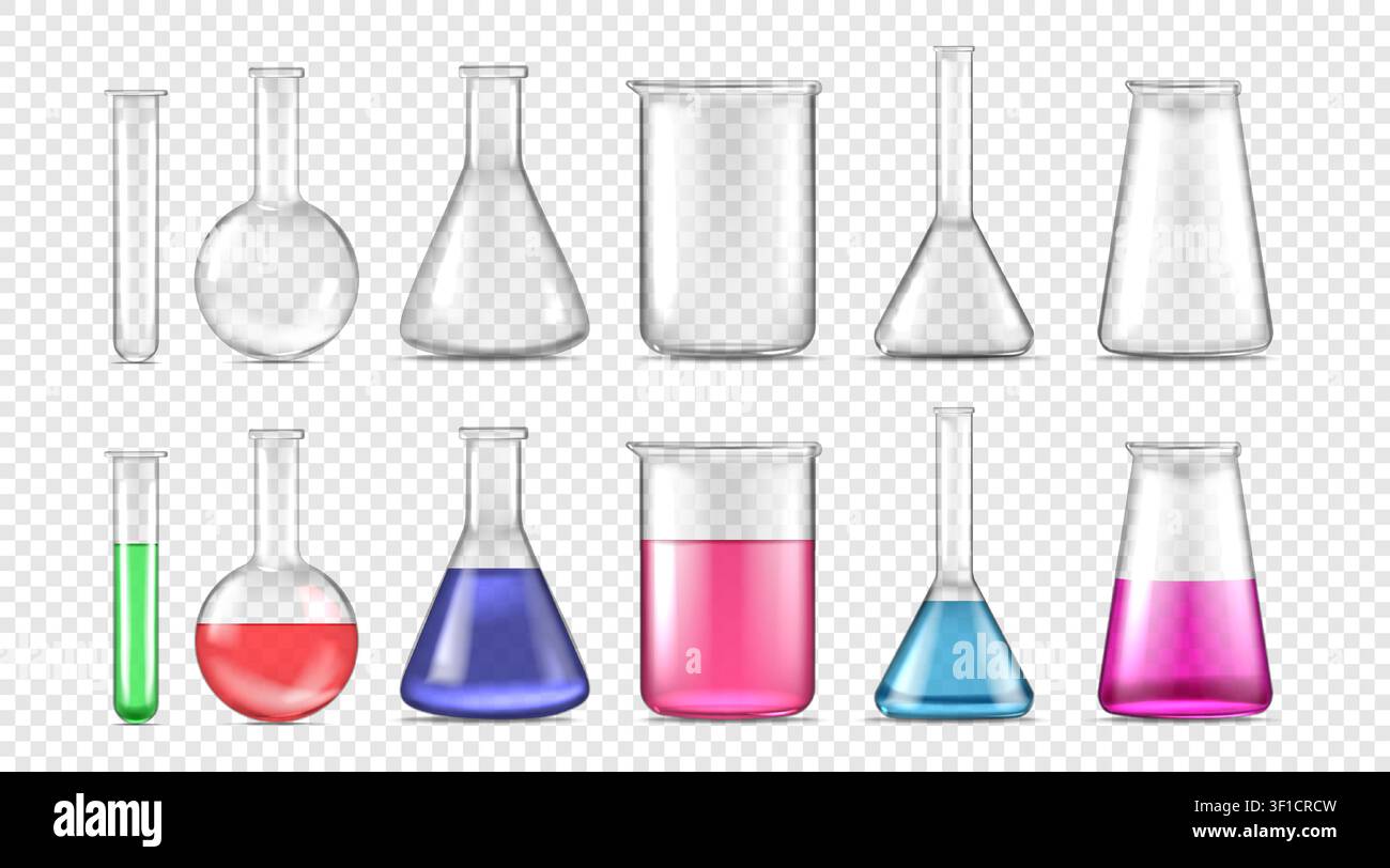 Provetta da laboratorio. Flacone di prova, becher scientifico 3D o bottiglia di vetro chimico. Attrezzatura in vetro Erlenmeyer, esperimento medico. Vuoto e pieno di liquido di laboratorio. Set di elementi realistici vettoriali isolati Illustrazione Vettoriale