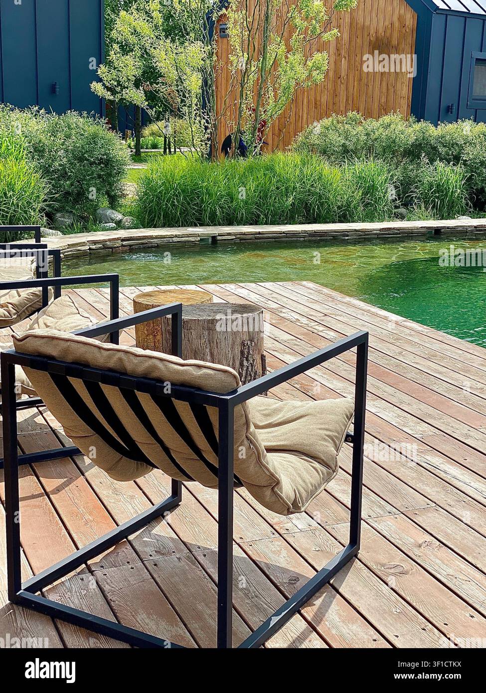 Sedie lounge moderne vicino a uno stagno naturale per nuotare circondato da una vegetazione lussureggiante e capanne di legno. Foto Stock