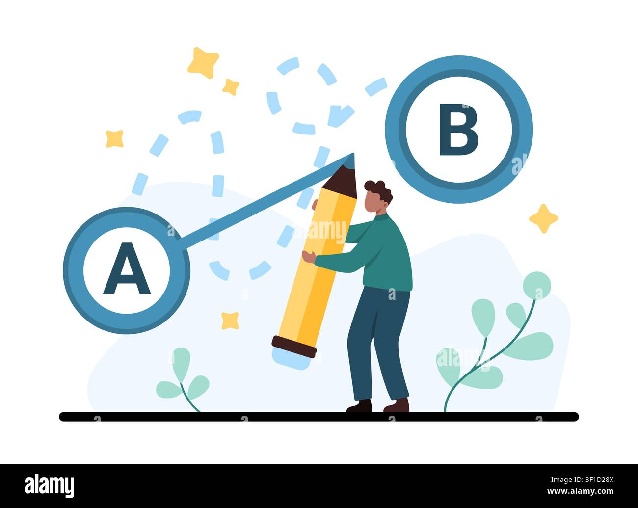 Una persona disegna un percorso diretto dal punto A al punto B con una matita grande, mostrando una scorciatoia, una navigazione semplice, una pianificazione efficiente e una risoluzione intelligente dei problemi in un'illustrazione vettoriale Illustrazione Vettoriale
