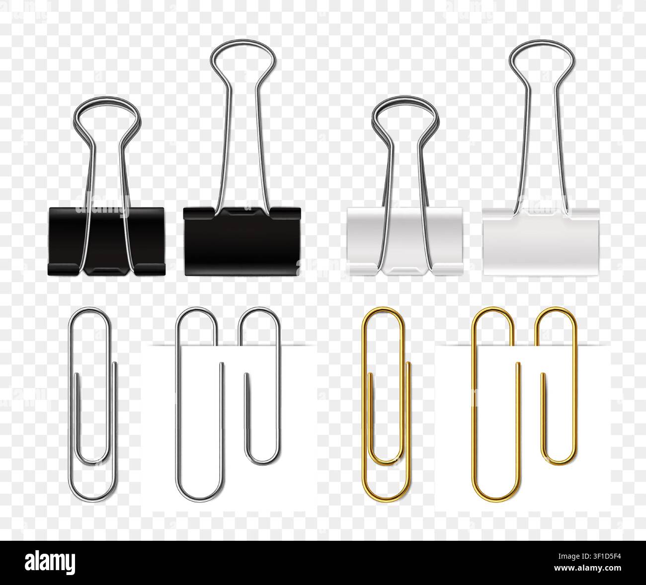 Vettore realistico con graffette e fermagli per carta in nero, bianco e oro, materiale da ufficio isolato su sfondo trasparente per l'organizzazione dei documenti. Illustrazione Vettoriale