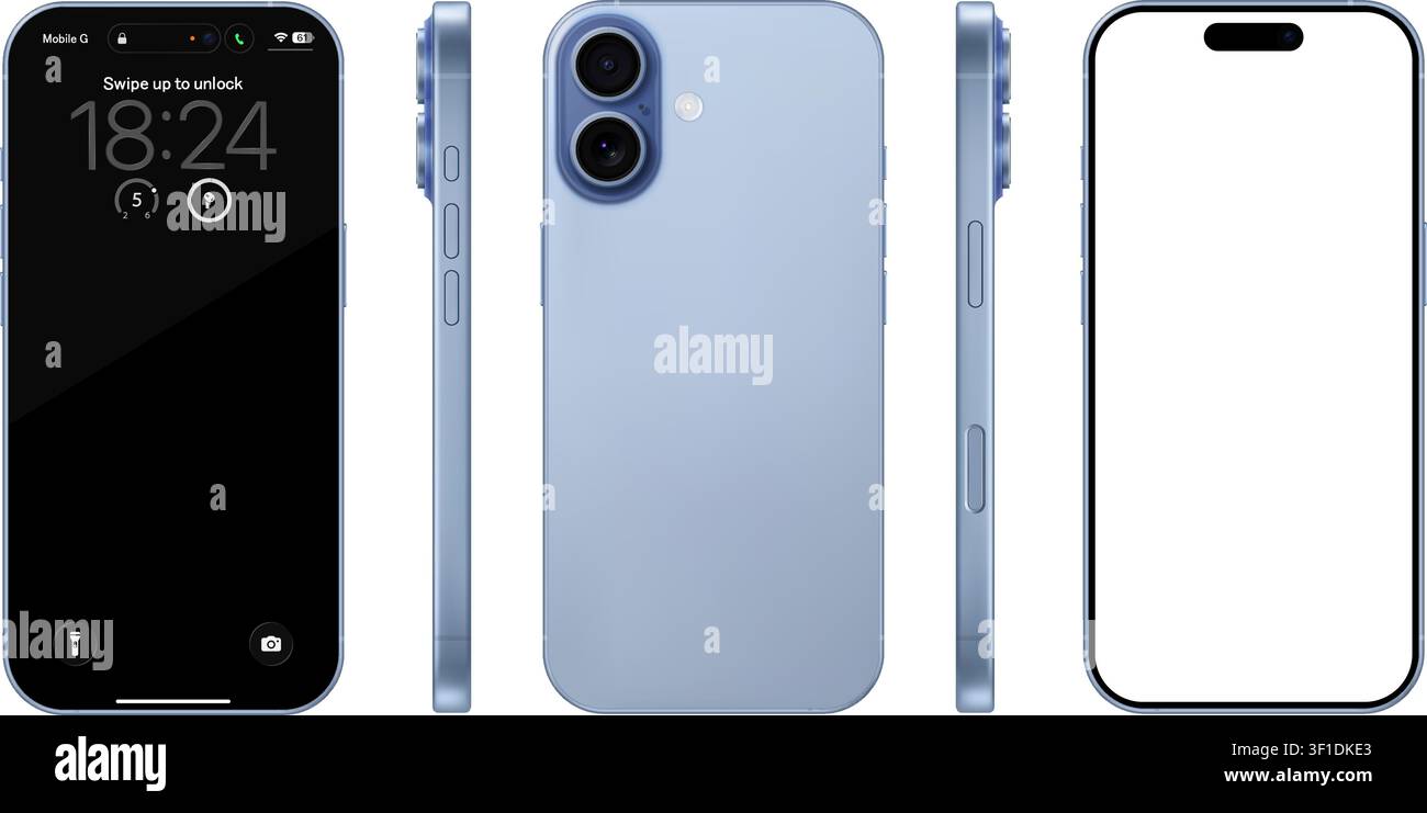 Mockup dettagliato di telefono cellulare blu. Vista frontale, posteriore e laterale isolata su sfondo trasparente. PNG vettoriale Illustrazione Vettoriale