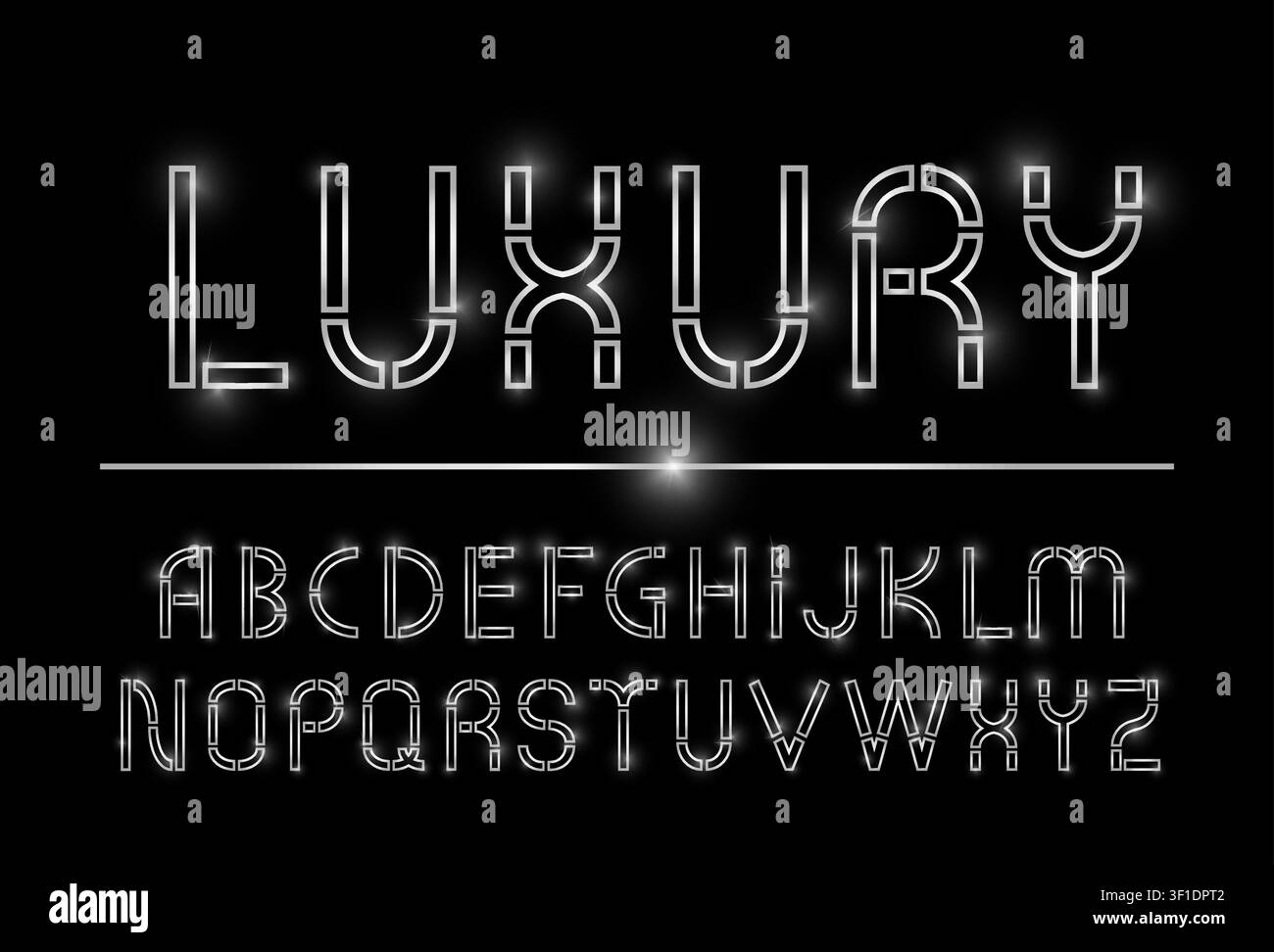 Carattere moderno sans-serif di lusso argentato lucido isolato su sfondo nero. Effetto di luce realistico. Illustrazione vettoriale Illustrazione Vettoriale