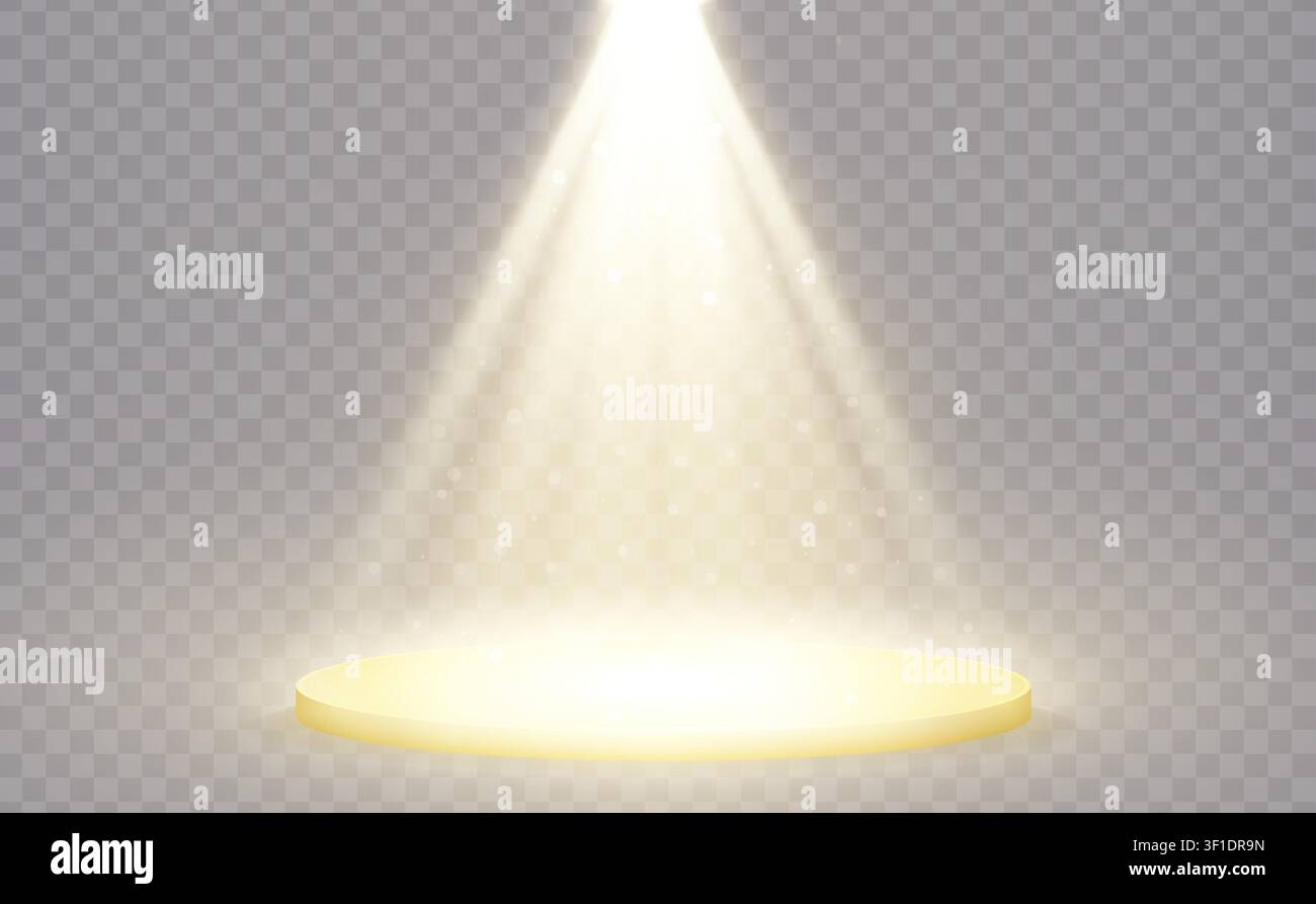 Podio rotondo dorato santificato dalla luce. Mockup di podio bianco vuoto illuminato isolato su sfondo trasparente. Campione, primo posto, premio, w Illustrazione Vettoriale