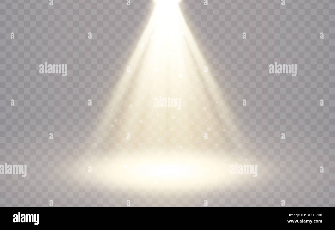 Effetto di illuminazione lucida realistico con faretto da palco isolato su sfondo trasparente. Effetto di scintille ed esplosione. Stelle e raggi di luce. Sole Illustrazione Vettoriale