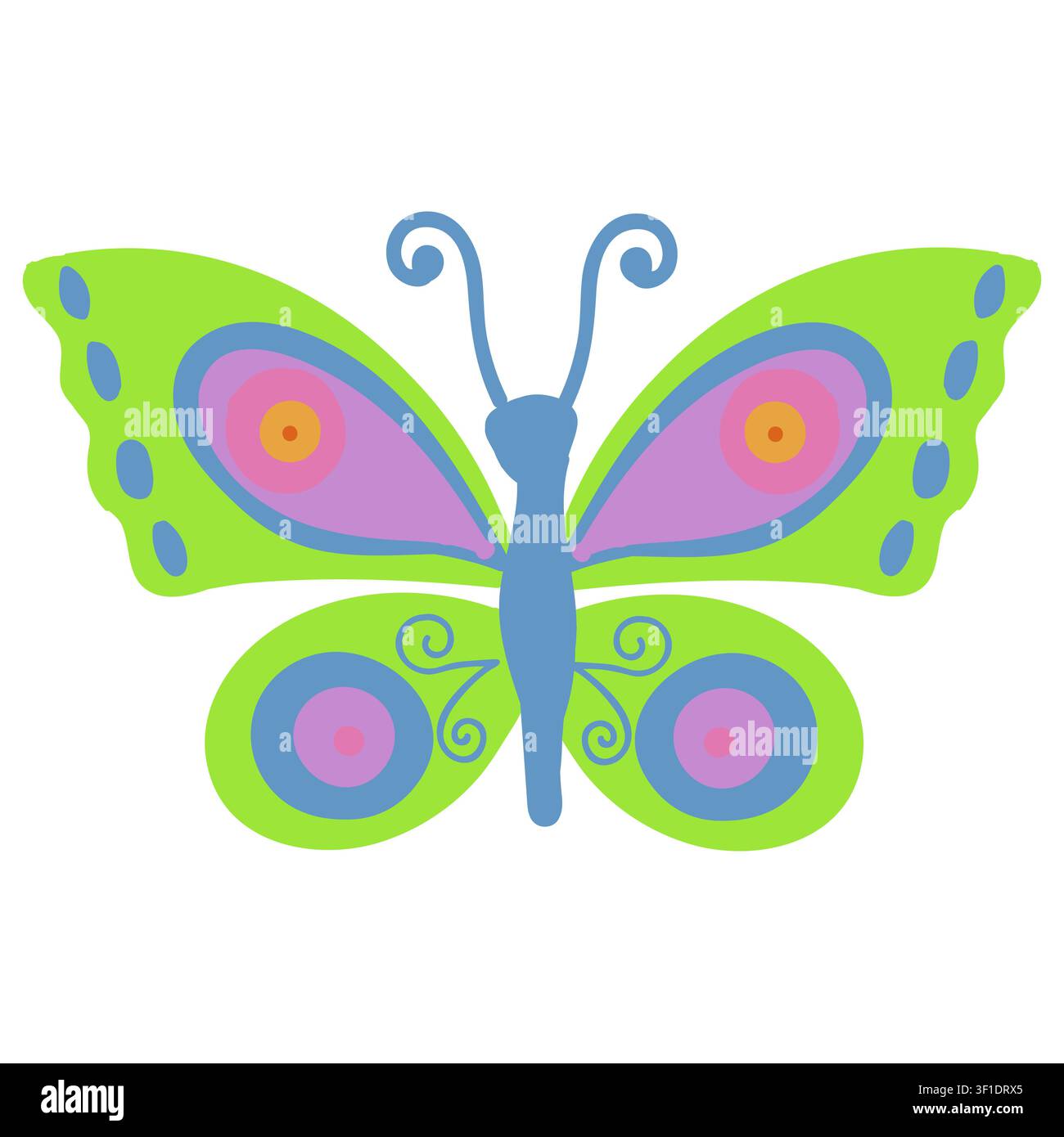 Una farfalla con ali verdi e motivi rosa e blu. Illustrazione vettoriale isolata su sfondo bianco. Illustrazione Vettoriale