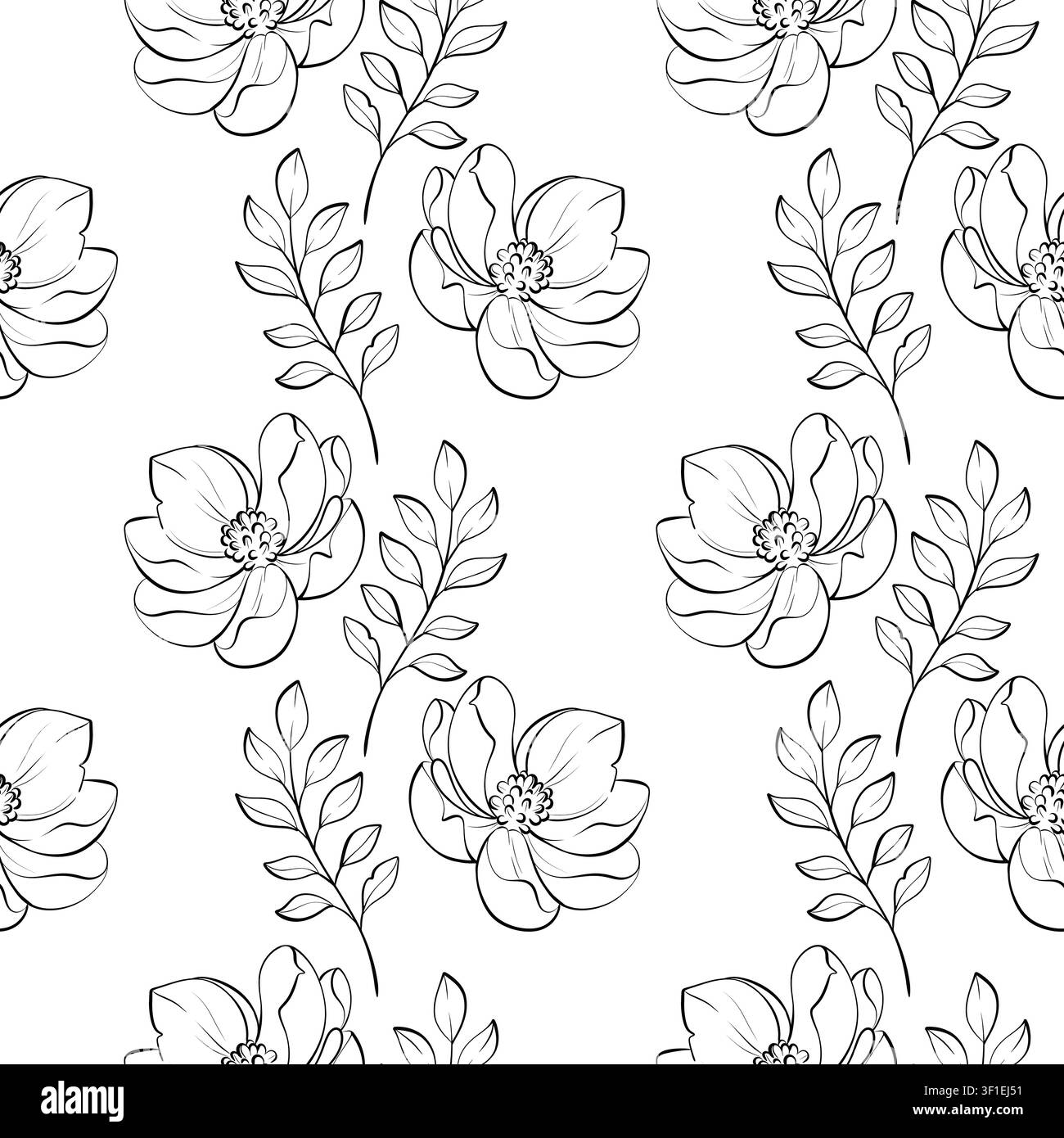 Modello vettoriale senza cuciture magnolia in bianco e nero disegno a linea fine, fiori con rami frondosi per confezioni di tè, cosmetici biologici e artigianali Illustrazione Vettoriale