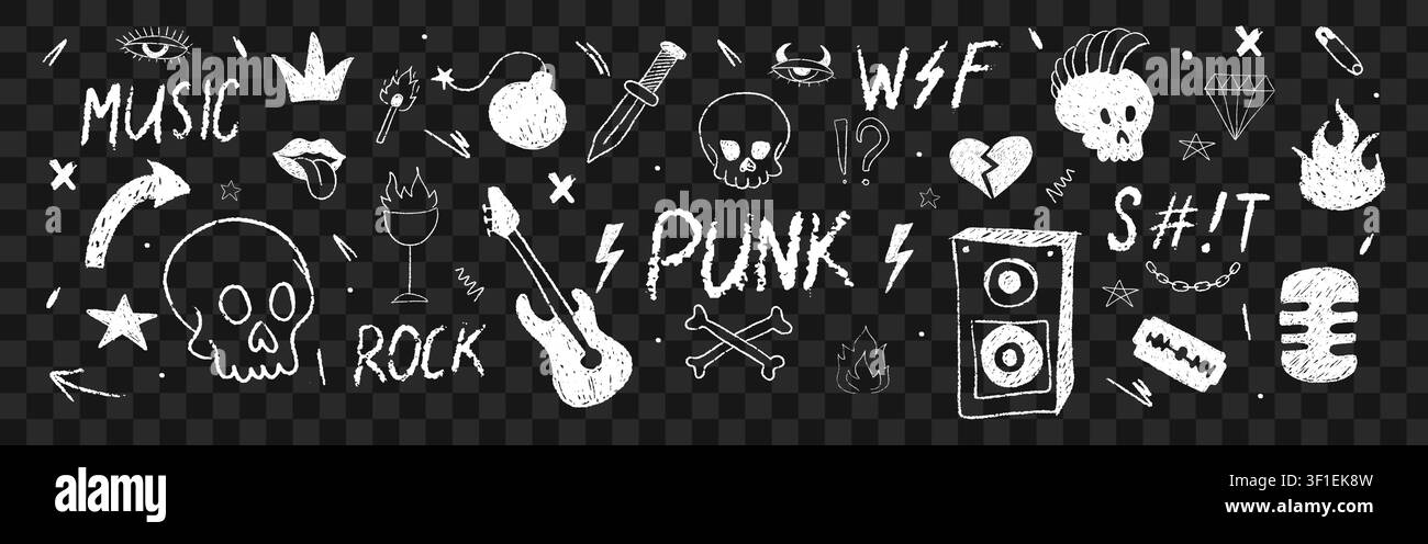 Arte di scarabocchi a matita di musica punk rock. Icone di teschio audaci in inchiostro. Caos di pennellate grunge. Illustrazione vettoriale di cera bianca su sfondo scuro trasparente Illustrazione Vettoriale