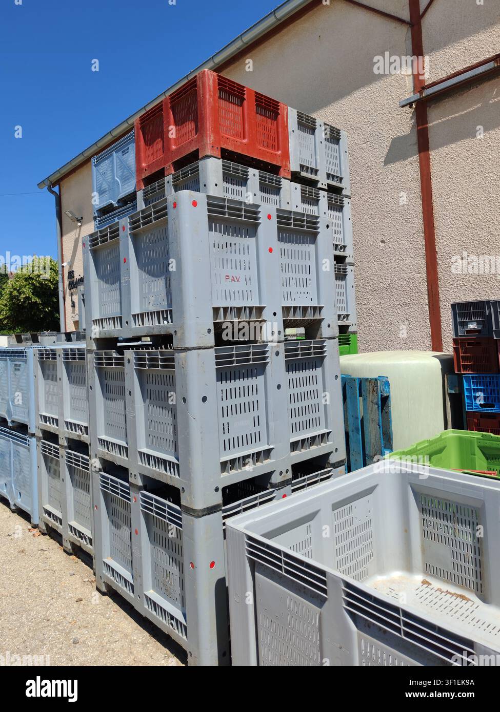 Cassette di raccolta in plastica grigia impilate accanto a un edificio agricolo, pronte per trasportare prodotti freschi nei negozi al dettaglio Foto Stock