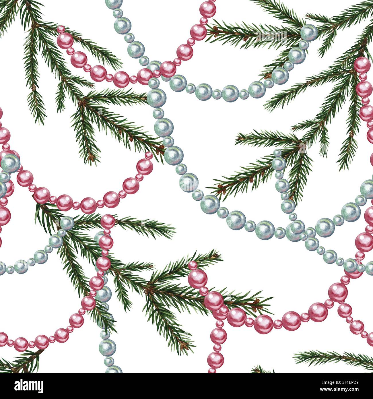 Modello senza cuciture natalizio di rami di abete e decorazioni per alberi di Natale. Illustrazione acquerellata disegnata a mano. Per confezioni natalizie, festività stagionali Foto Stock