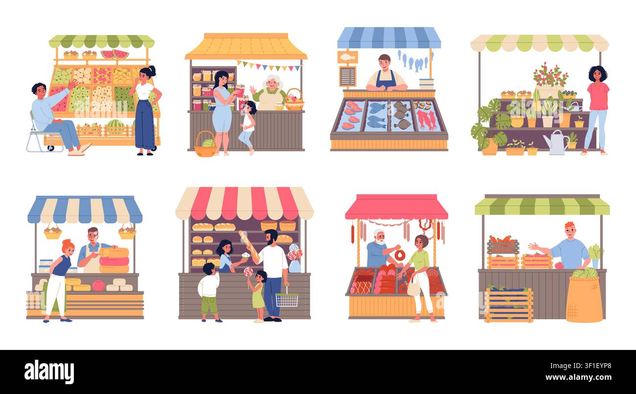 Persone al mercato agricolo. Venditori di prodotti locali e clienti felici, prodotti freschi, panetteria, fiori, prodotti biologici all'aperto, acquisto biologico alla fattoria Illustrazione Vettoriale