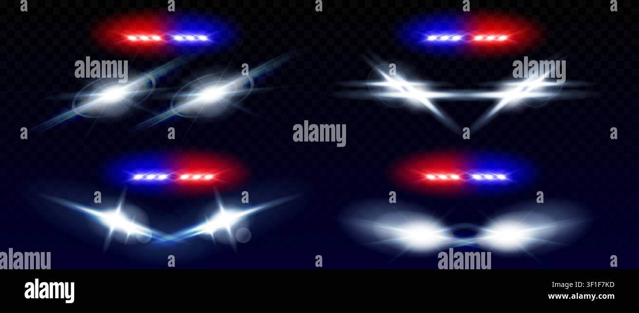 Fari della volante della polizia, lampeggianti anteriori di pattuglie notturne, luci di emergenza blu acceso e rosse, effetto vettoriale realistico 3D isolato su sfondo scuro trasparente. Bagliore del veicolo delle forze dell'ordine Illustrazione Vettoriale