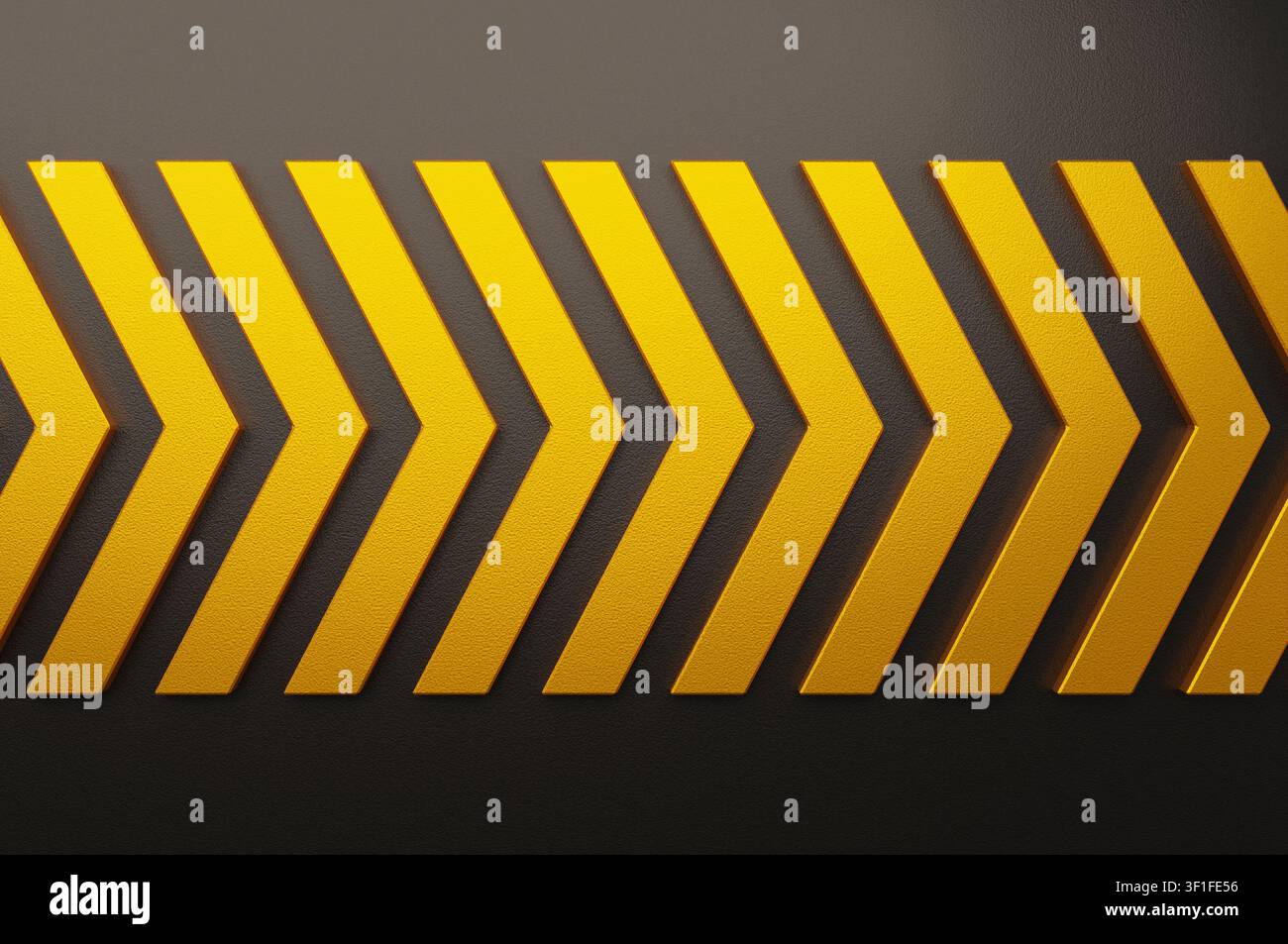 Render 3D frecce a chevron dorate segnale di direzione isolato su sfondo bianco, puntatore di navigazione avanti industriale nero e giallo. Foto Stock