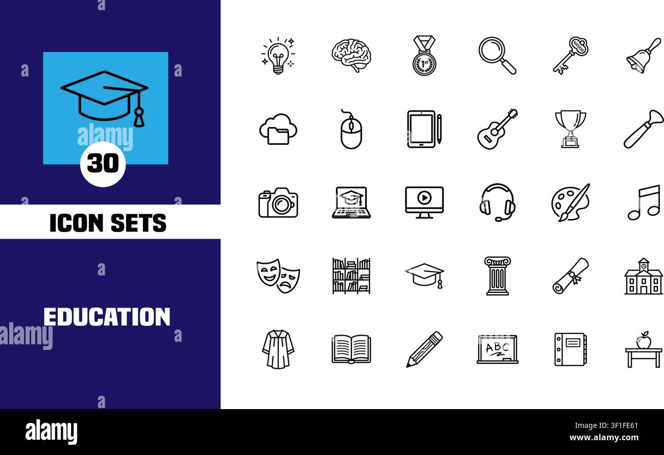 Collezione di 30 icone lineari sull'educazione e l'apprendimento che includono berretto accademico, libro, cervello, medaglia, chitarra e simboli scolastici Illustrazione Vettoriale