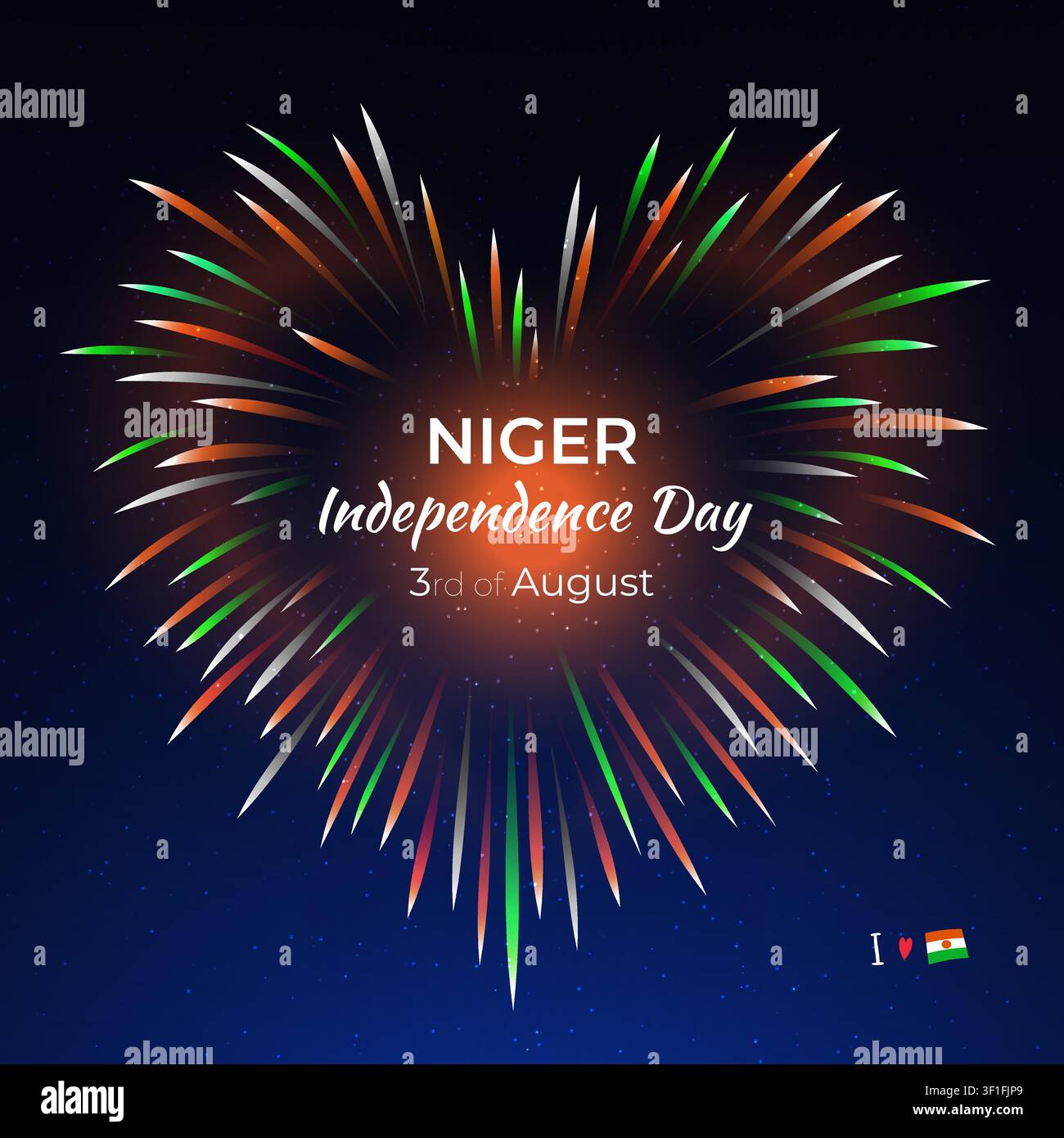 3 agosto, giorno dell'indipendenza del Niger. Bandiera nigereña a forma di cuore con fuochi d'artificio colorati su sfondo di cielo notturno blu. Festa nazionale del Niger il 3 agosto Illustrazione Vettoriale