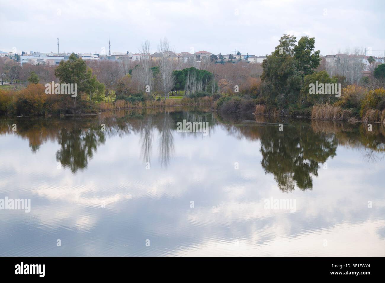 Vista panoramica del fiume Guadiana con acqua perfettamente calma che crea riflessi simmetrici di alberi e nuvole accanto al parco del fiume Guadiana a Mérida Foto Stock