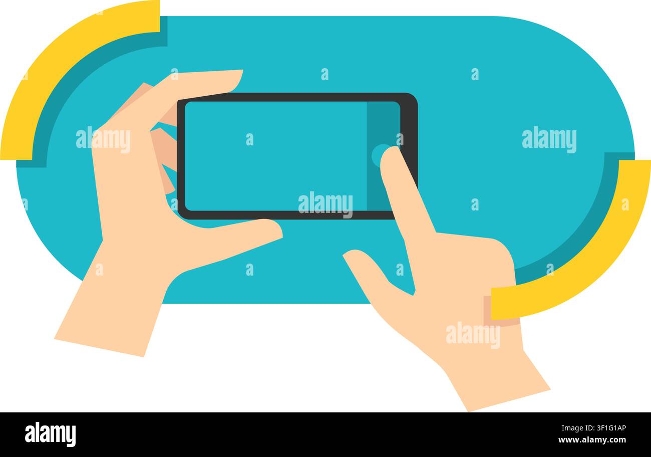 Mano che tiene un telefono in stile piatto. Modello per la pubblicità di un'app o di un servizio mobile Illustrazione Vettoriale