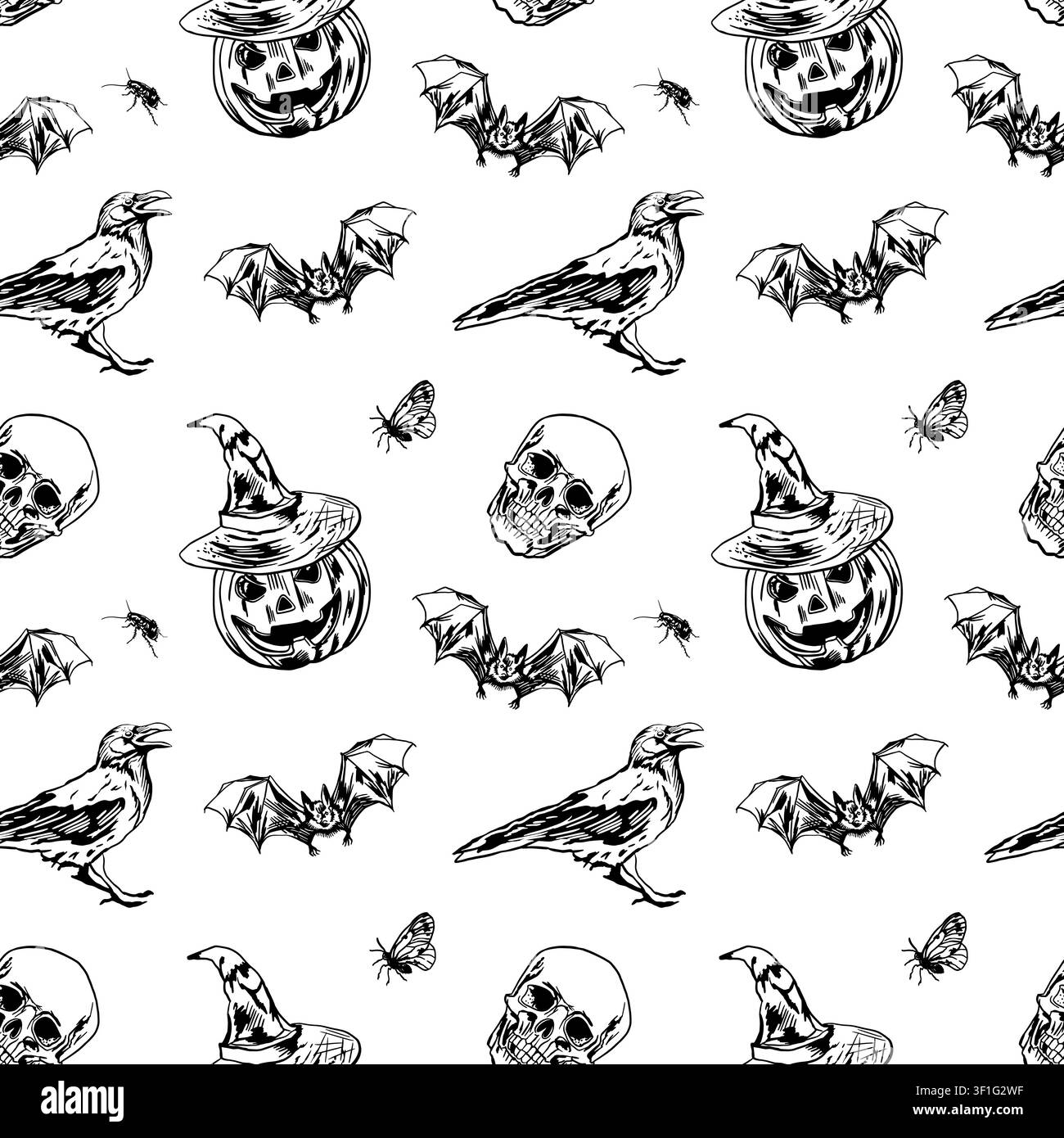 Modello senza cuciture di Halloween con zucche con cappelli, teschi, pipistrelli e corvi. Illustrazione vettoriale disegnata a mano in stile grafico. Clip art in inchiostro nero per Illustrazione Vettoriale