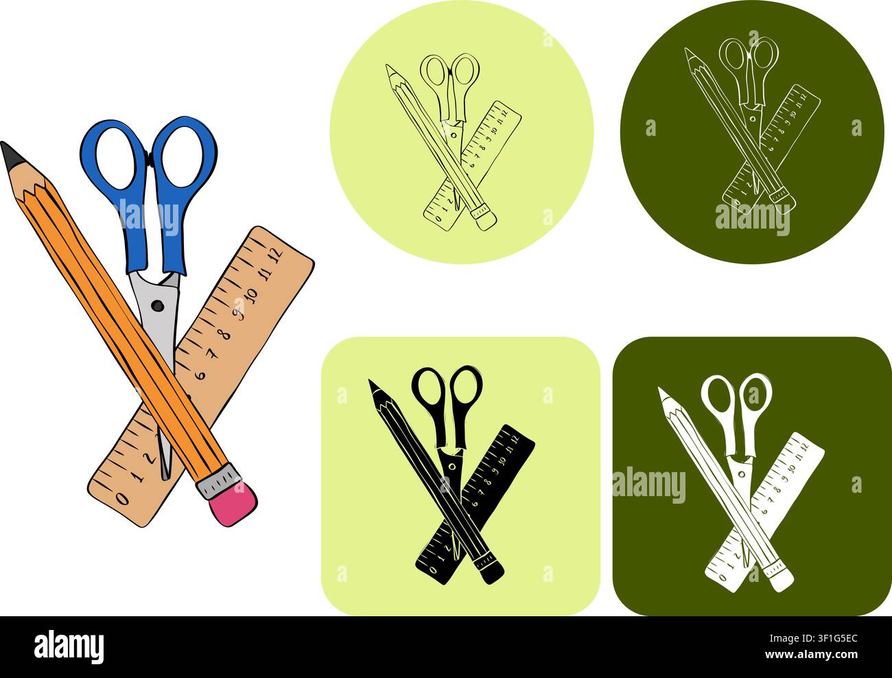 Forbici e matita e righello Logotipo scolastico illustrazione disegnata a mano. Grafica vettoriale arte a inchiostro lineare. Sfondo per banner, perfetto per i design per bambini Illustrazione Vettoriale