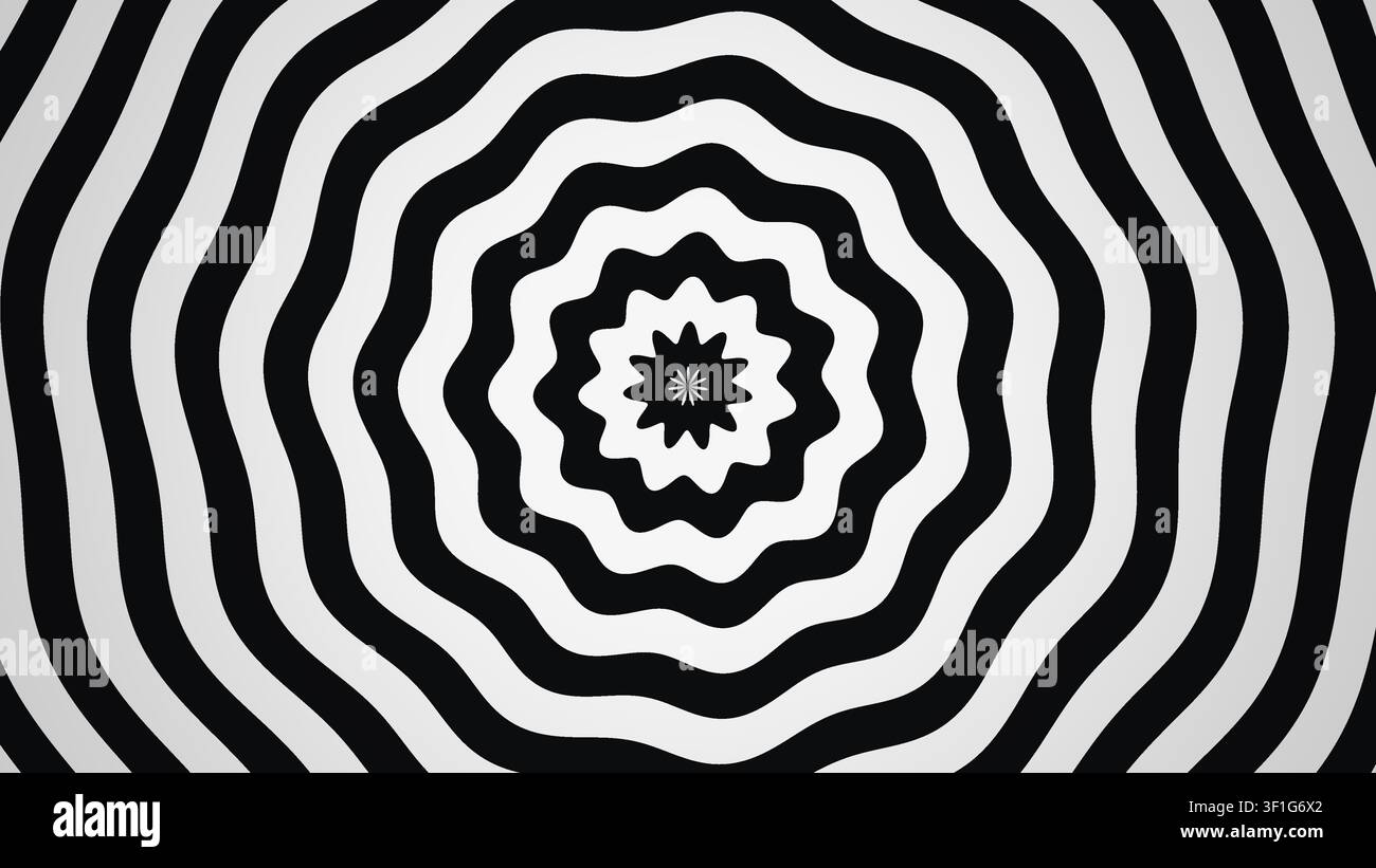 Questo design presenta una serie di strisce nere e bianche alternate che formano un motivo a spirale. Il design concentrico attira l'occhio verso il centro. Foto Stock