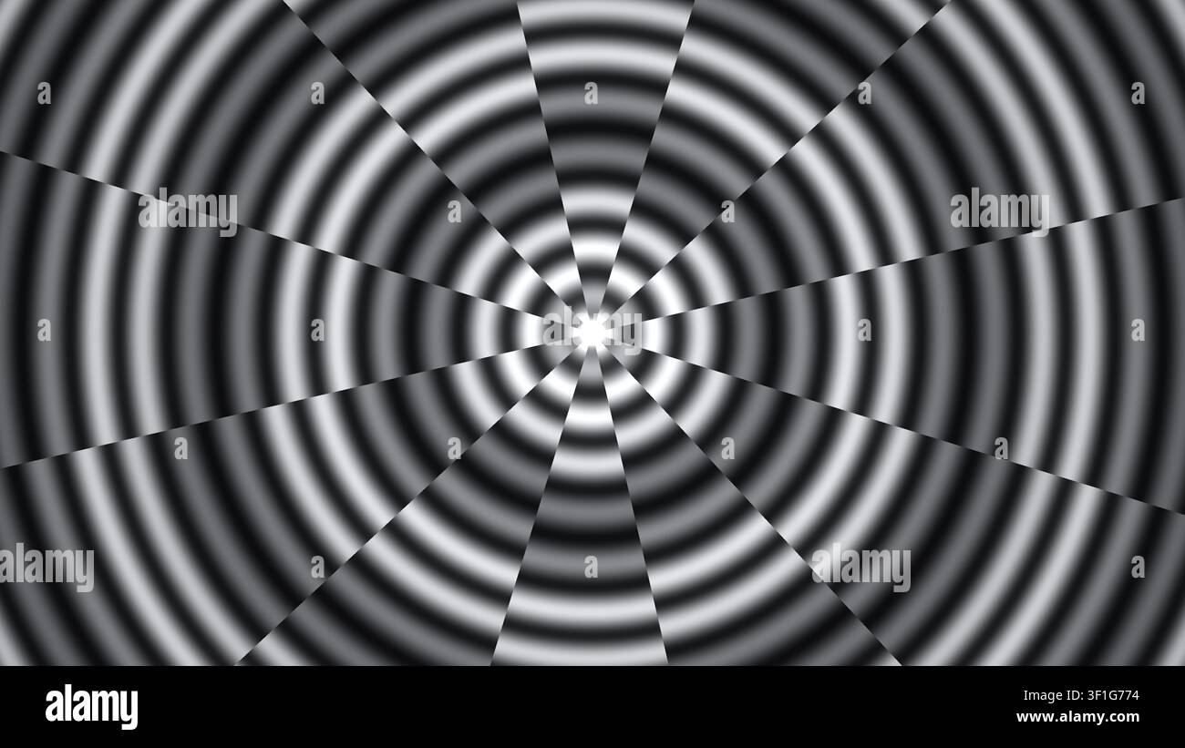 Questo design presenta un motivo a spirale bianco e nero con una serie di cerchi concentrici che creano un effetto visivo sorprendente. Il motivo attira lo sguardo Foto Stock