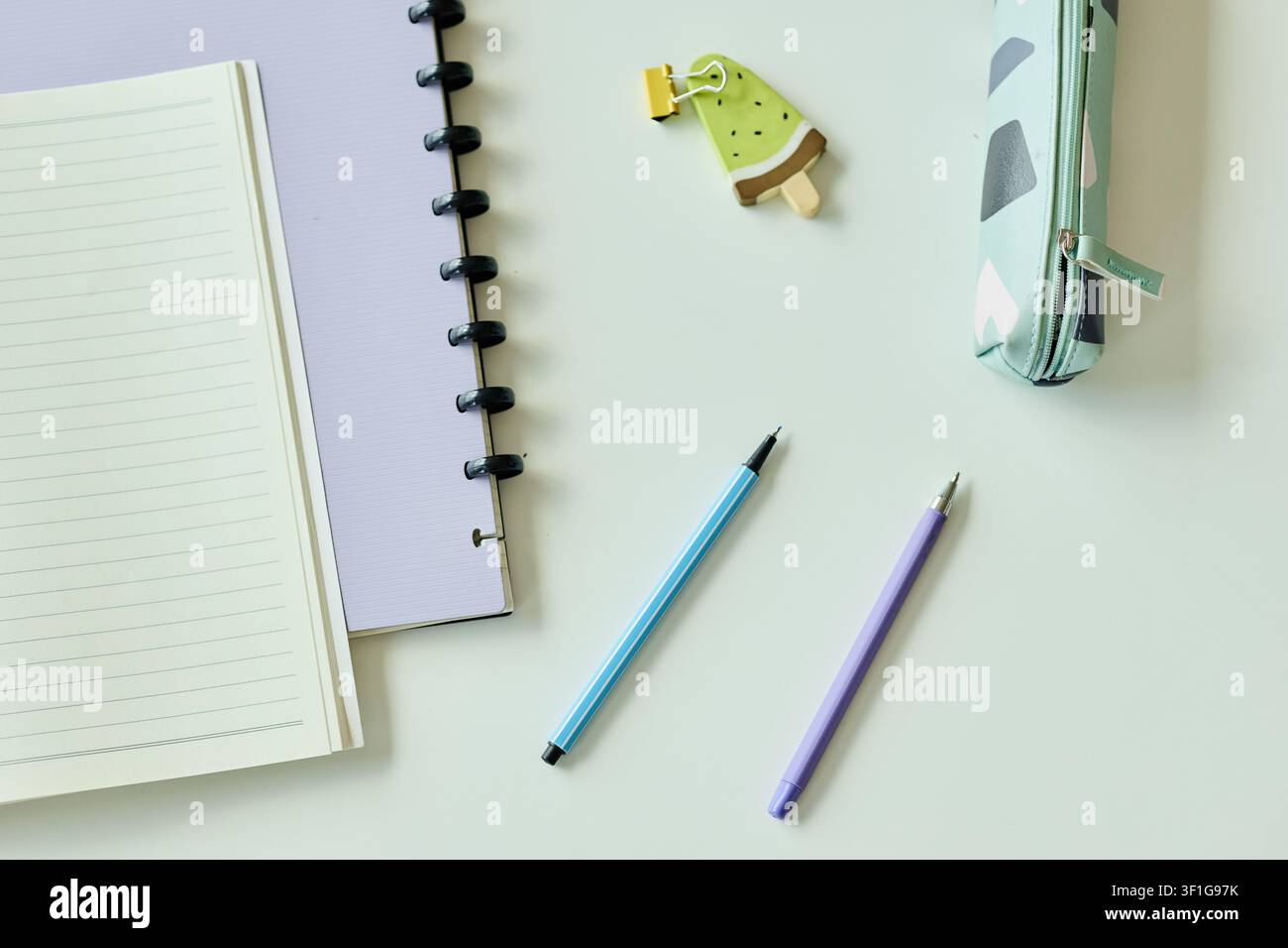 Materiali scolastici organizzati per la pianificazione dello studio e il ritorno a scuola Foto Stock