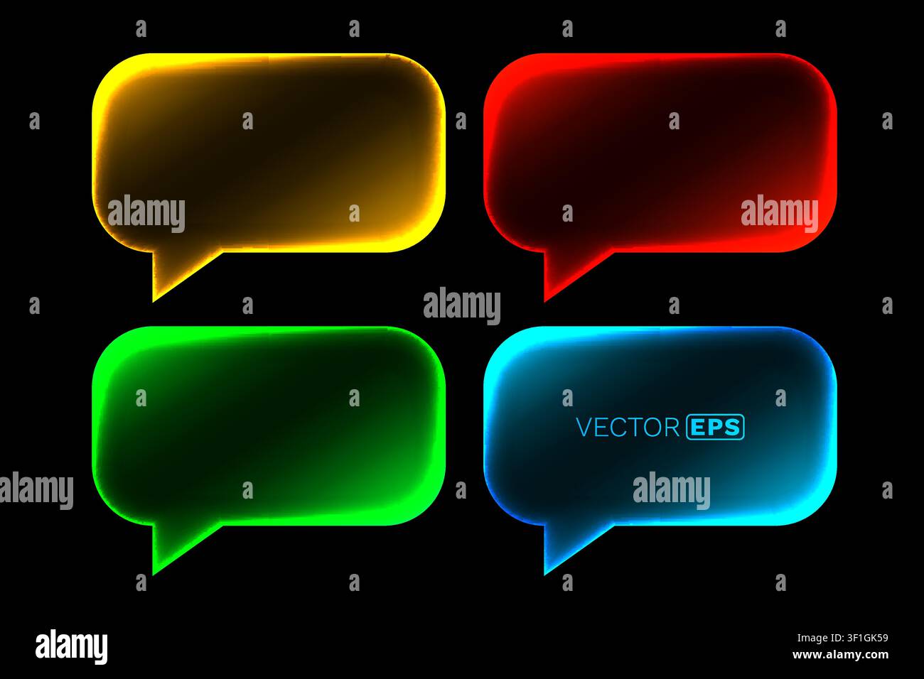 Set di vibranti bolle di discorso neon luminose. Scatole di chat moderne su sfondo scuro. Elemento di design astratto. Illustrazione vettoriale. Illustrazione Vettoriale