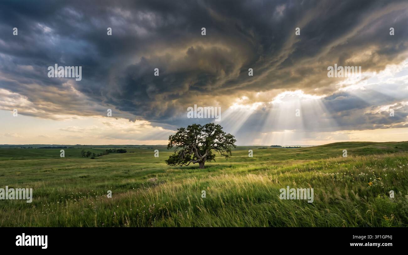 Albero antico solitario che si erge da solo in un prato verde lussureggiante, sole che splende attraverso i rami all'ora dorata, cielo drammatico con nuvole morbide su una campagna ondulata Foto Stock
