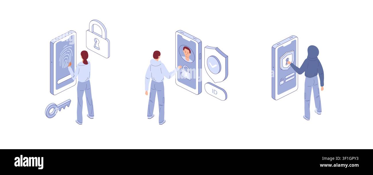 Protezione del telefono dagli hacker. Vettore isometrico. Ottimo per poster sulla cybersecurity, blog sulla privacy o banner per dispositivi sicuri. Illustrazione Vettoriale