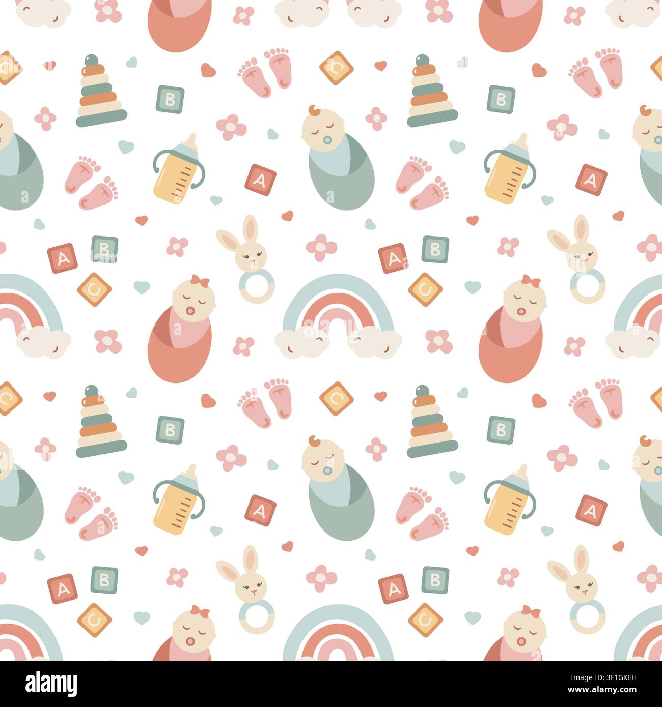 Modello senza cuciture carino con neonato, giocattoli, blocchi, biberon e arcobaleno. Sfondo per bambini con articoli per la nanna. Texture ripetitiva vettoriale per carta da parati, tessuto, tessuti, per baby shower. Illustrazione Vettoriale