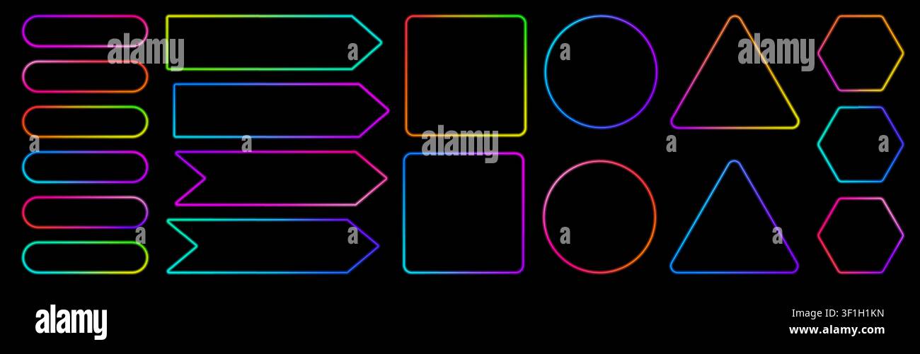 Set UI neon colorato con contorno luminoso, lucentezza sfumata e tratto pulito. Perfetto per grafiche di chiamata all'azione neon, elementi di negozio, banner promozionali e m Illustrazione Vettoriale