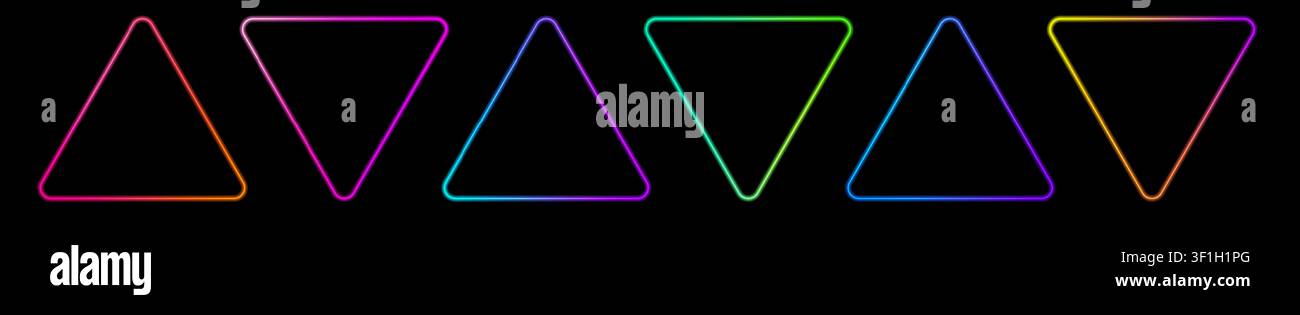 Pulsanti a triangolo luminosi in blu, viola, verde e rosso con bordo luminoso e lucentezza sfumata liscia. Perfetto per grafiche di chiamata d'azione al neon, negozio la Illustrazione Vettoriale