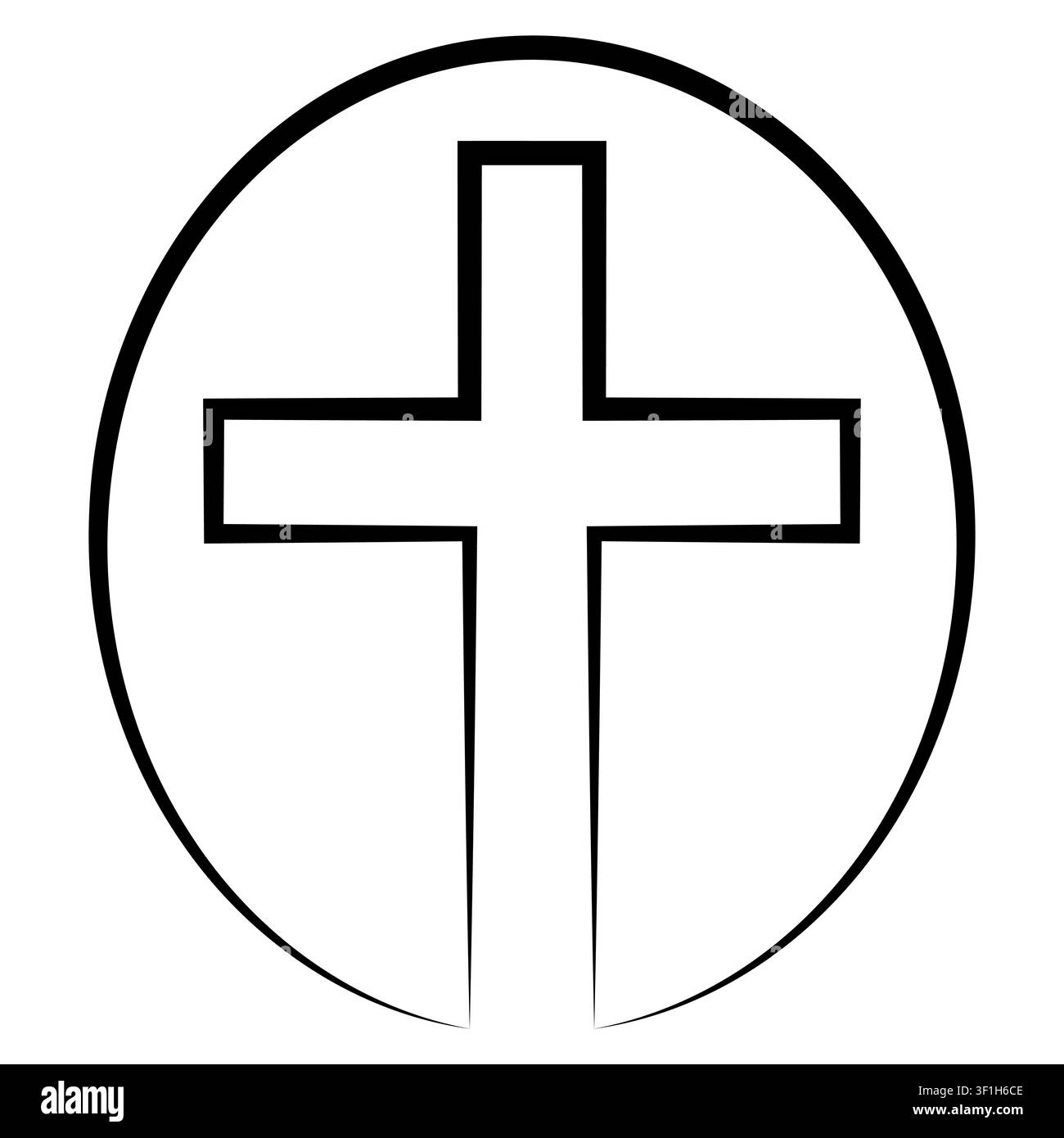 Simbolo religioso minimalista a forma di croce racchiuso in una cornice geometrica ovale Illustrazione Vettoriale
