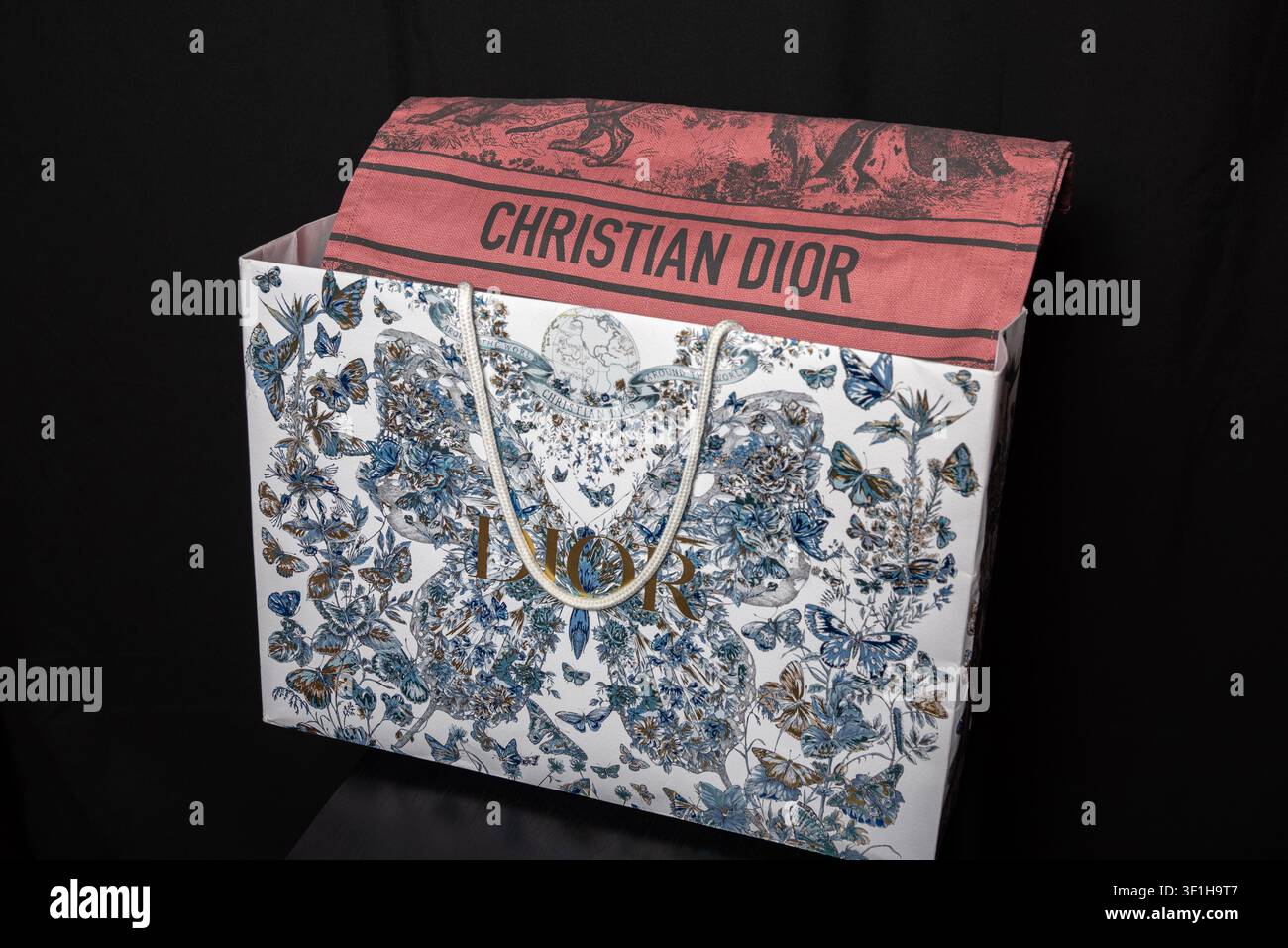 Roma, Italia – 19 aprile 2024. Vista a tre quarti laterale di una borsa di carta di lusso del marchio Christian Dior con una borsa tote rosa in toile de jouy all’interno Foto Stock