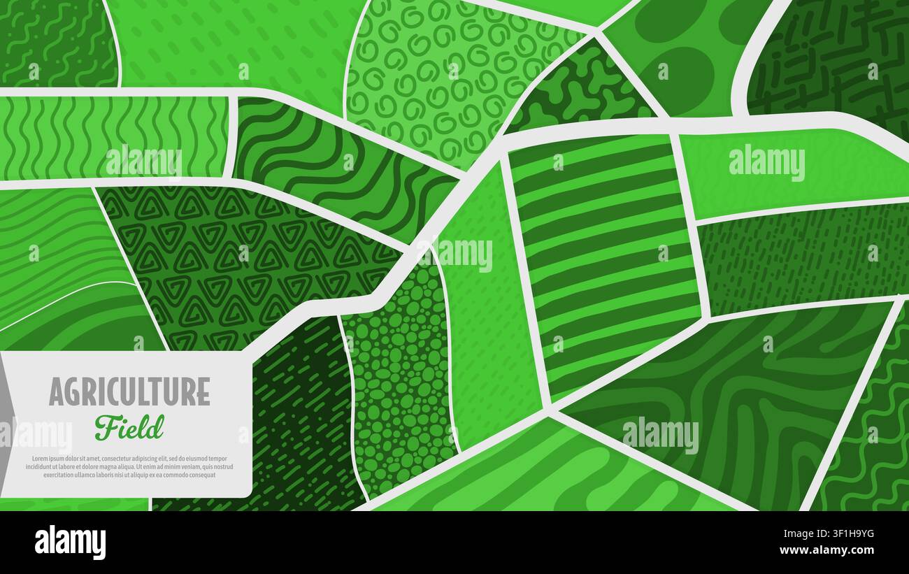 Vista dall'alto di un campo di tè agricolo verde e di piantagioni di riso come sfondo. Mappa aerea astratta della trama del terreno, vigneto, terreno agricolo, terrazzamenti di risaie, paesaggio agricolo a mosaico della campagna Illustrazione Vettoriale