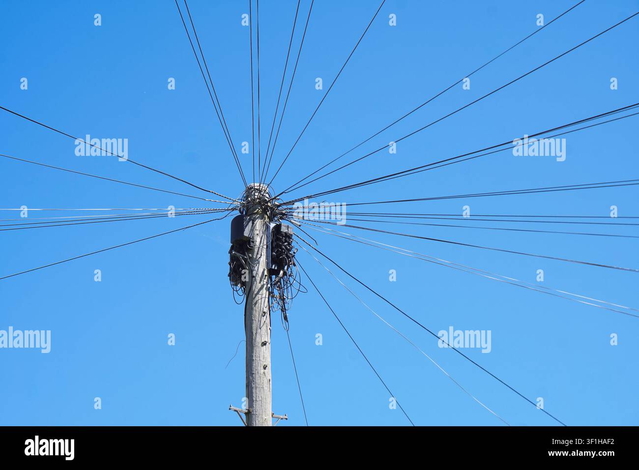 Un palo telegrafico in legno con una rete radiante di collegamenti da più cassette di distribuzione Foto Stock