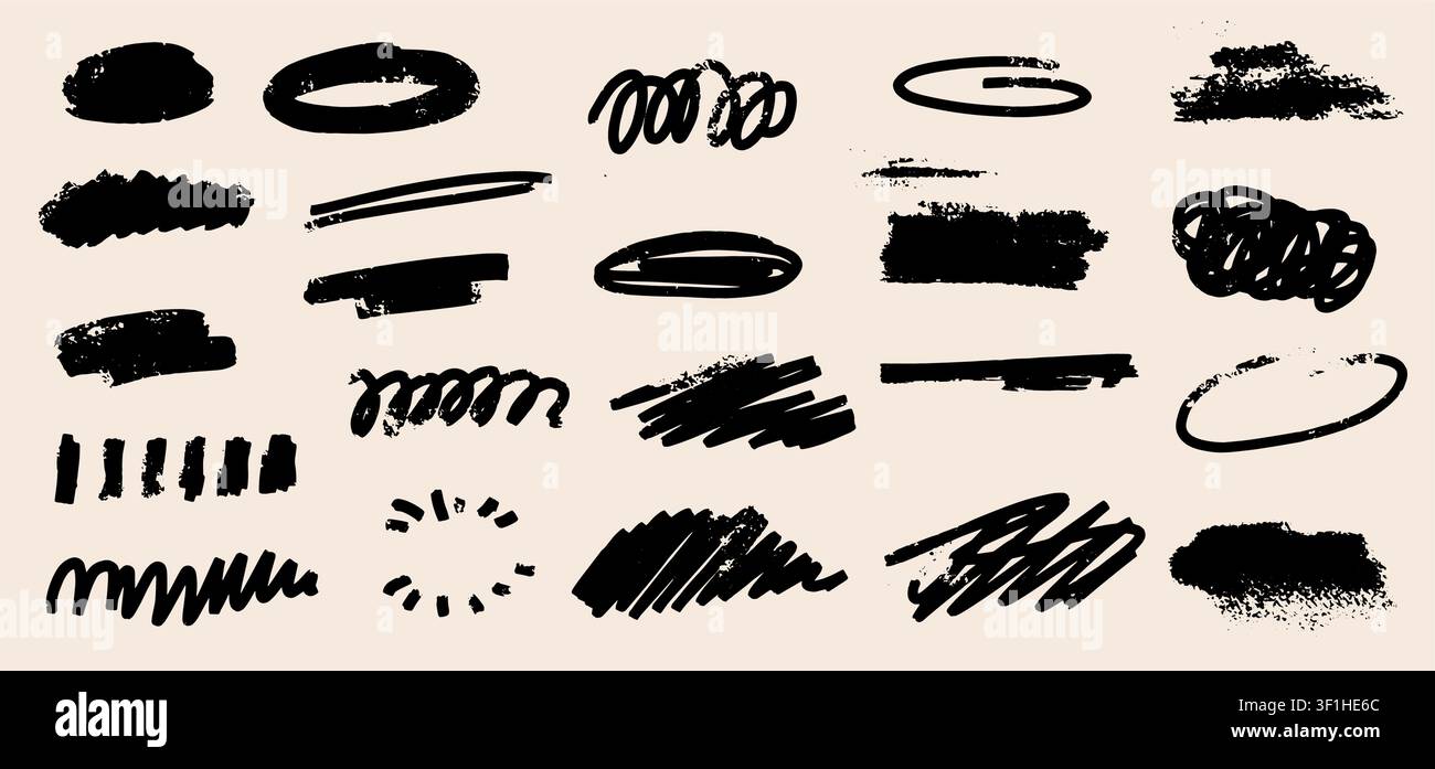 Gesso o matita nera in diverse forme. Cornici e linee disegnate a mano per bambini in stile scarabocchio. Set di scarabocchi ad inchiostro con linee curve e scarabocchi disordinati. Illustrazione Vettoriale