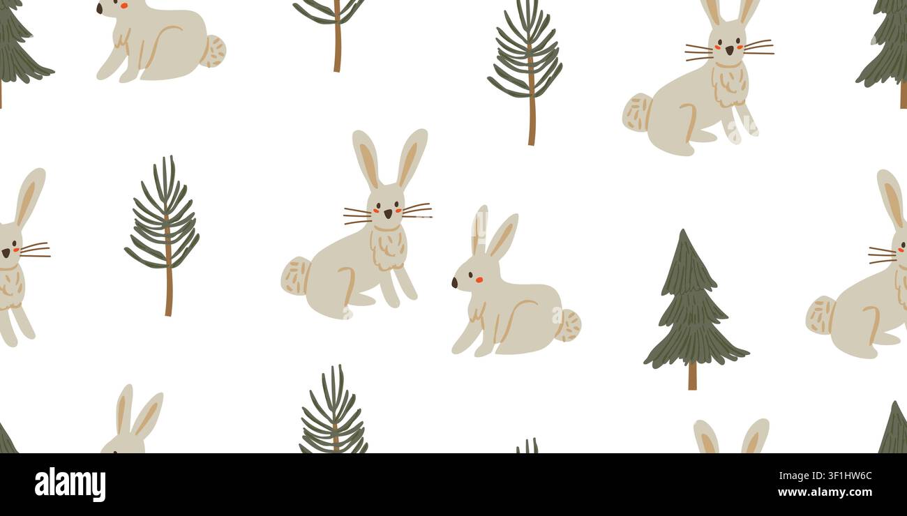 Motivo senza cuciture con coniglietti nel bosco con adorabili conigli bianchi e pini su sfondo bianco, design ripetitivo ispirato allo stile scandinavo arioso in colori naturali tenui per decorazioni per la camera dei bambini, tessuti per neonati, carta da parati, carta da regalo e progetti accoglienti a tema bosco per bambini Illustrazione Vettoriale