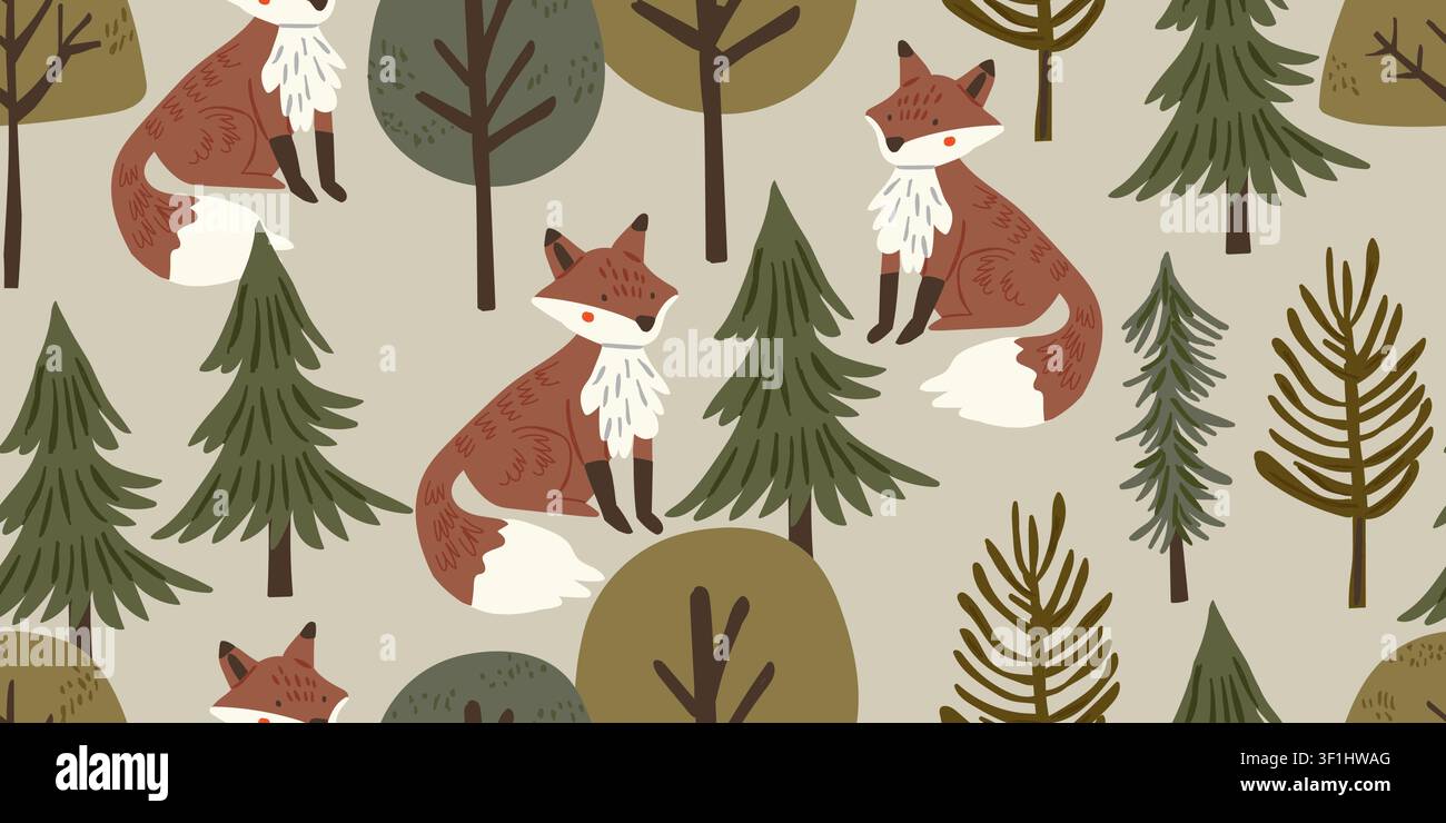 Motivo senza cuciture di volpi nel bosco con adorabili volpi in un ambientazione forestale su uno sfondo verde salvia morbido, disegno ripetuto da bambini giocosi in colori naturali caldi per decorazioni per camerette, tessuti, carta da parati, carta da imballaggio e progetti per bambini a tema foresta Illustrazione Vettoriale