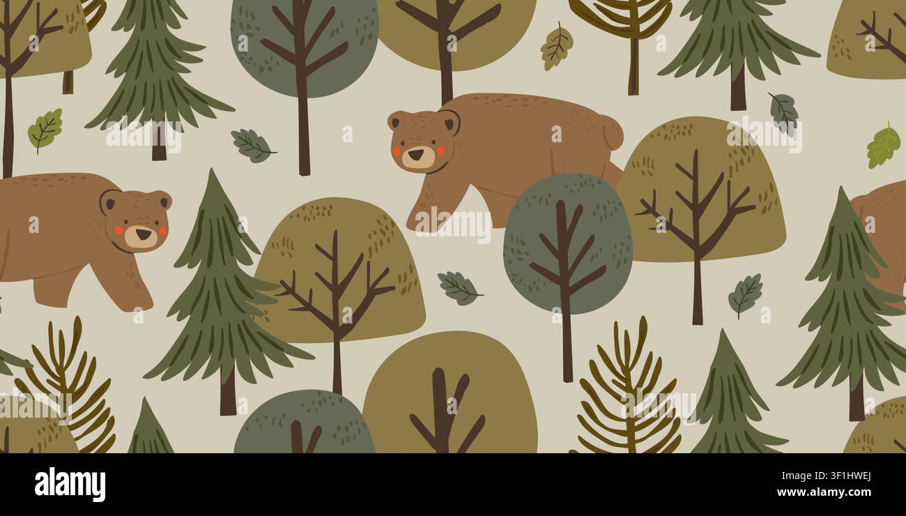 Motivo senza cuciture di orsi del bosco con simpatici orsi che vagano in una fitta foresta di pini su uno sfondo beige caldo, affascinante design ripetuto per bambini in tonalità verdi terrosi per decorazioni per la camera dei bambini, tessuti, carta da parati, carta da regalo e progetti accoglienti a tema bosco Illustrazione Vettoriale