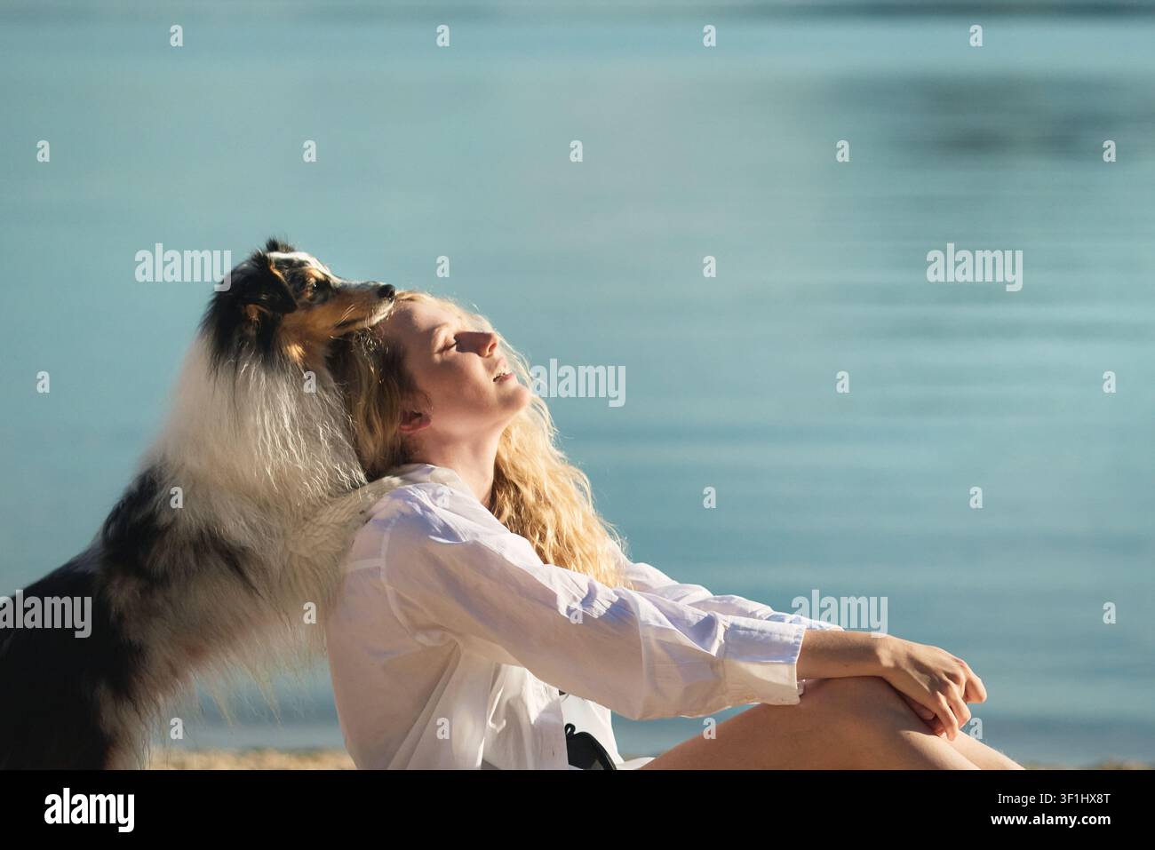 Una donna sorridente abbraccia il suo Shetland Sheepdog mentre si rilassa accanto a un tranquillo lago di montagna. Ritratto di stile di vita caldo che esprime affetto, fiducia e Foto Stock