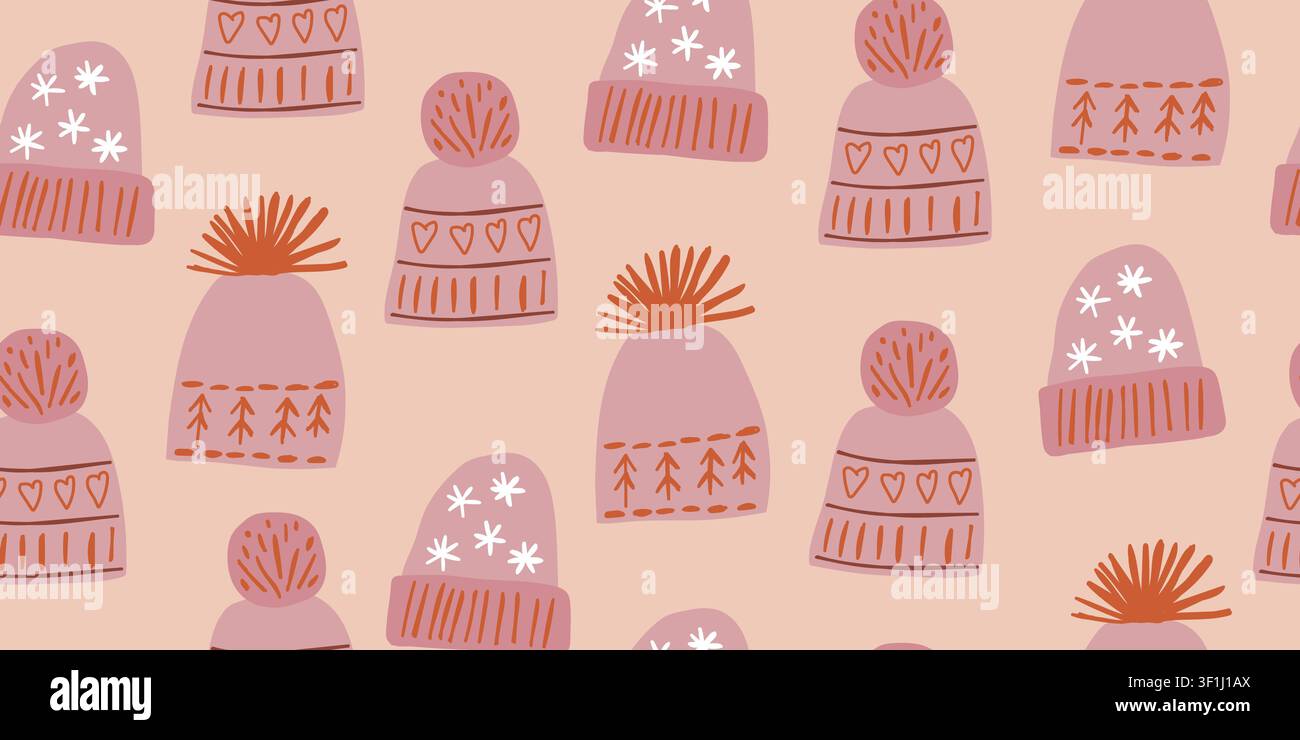 Modello senza cuciture con berretti di lana rosa, cappelli con pom-pom, cuori e motivi di maglia festosi su uno sfondo pesca morbido. Design accogliente per autunno e inverno per ragazze, abbigliamento per bambini, tessuti, carta da parati. Illustrazione vettoriale Illustrazione Vettoriale