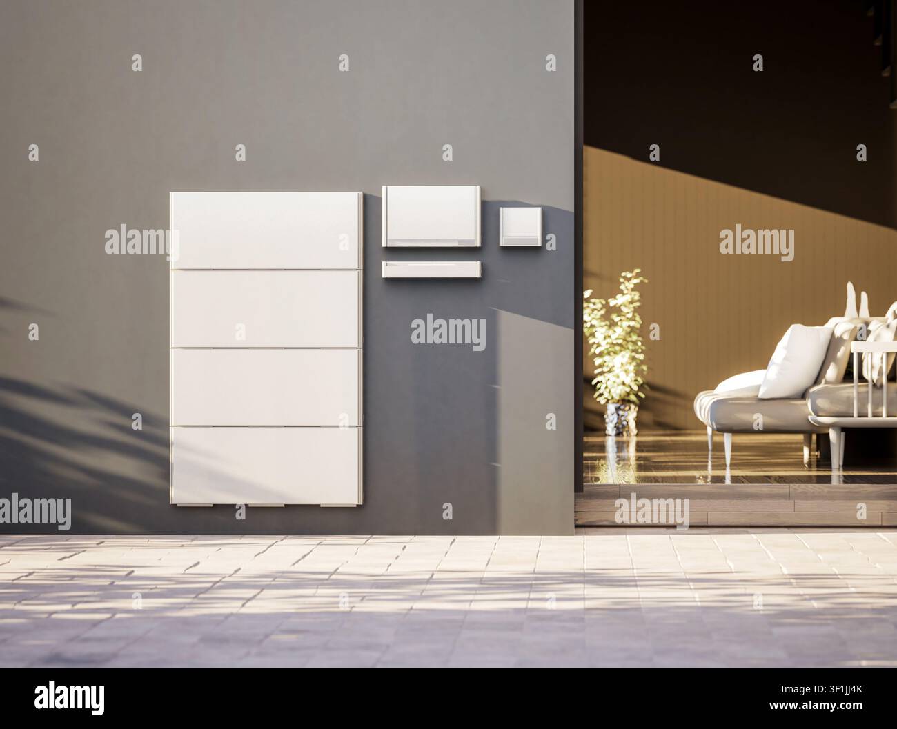 rendering 3d della batteria domestica o del sistema di immagazzinamento dell'energia per uso residenziale Foto Stock